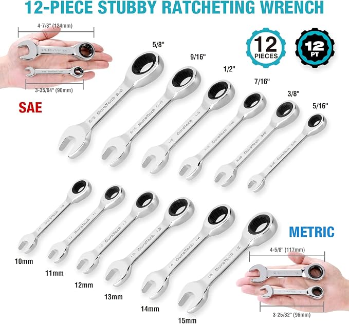 DURATECH 32-Piece Ratcheting Combination Wrench Set | 20PCS Combo Wrench Set & 12PCS Stubby Wrench Set, SAE & Metric, CR-V Steel, with Rolling Pouch