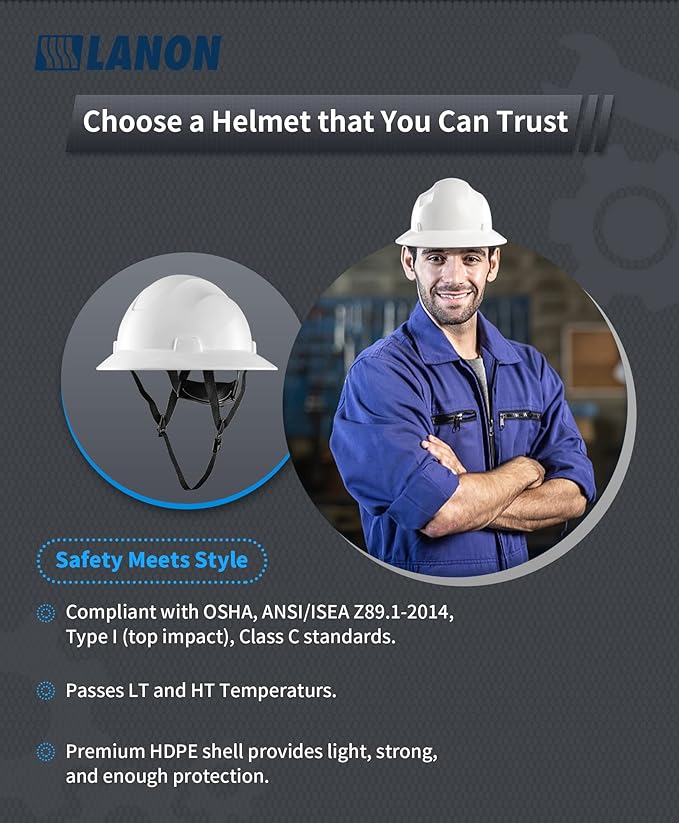 LANON White Full Brim Hard Hat, OSHA Construction Work Approved, HDPE Safety Helmet with 4 Point Adjustable Ratchet Suspension, Class E, G & C