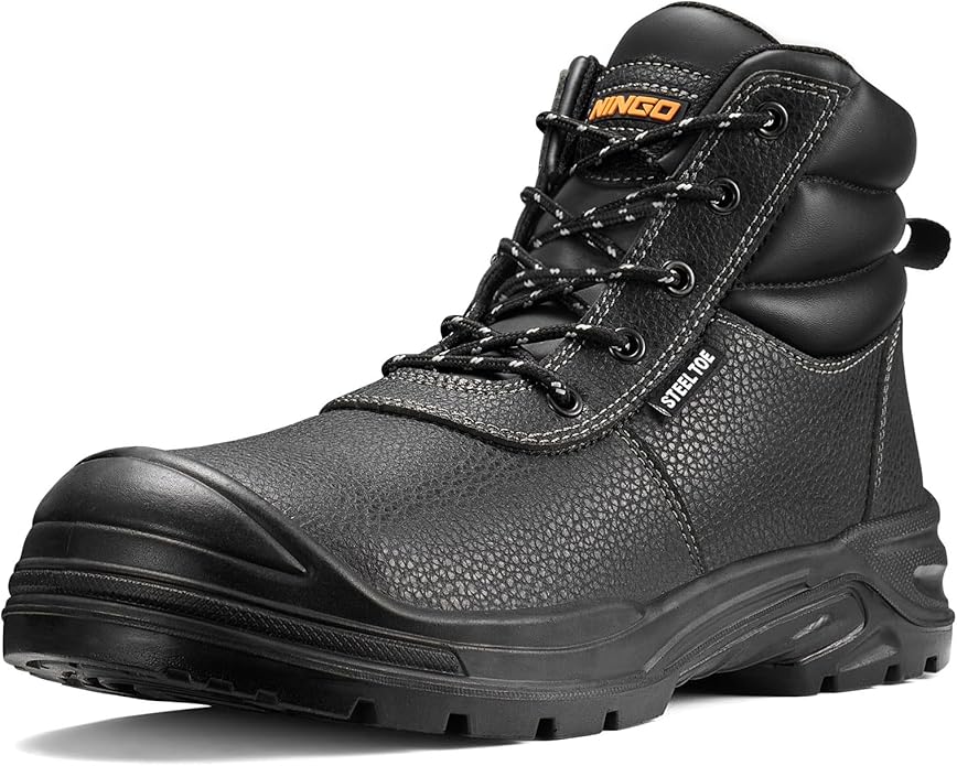 NINGO Steel Toe Work Boots for Men, Non Slip & Puncture Resistant Construction Boots with Breathable Lining, EH Protection, Comfortable Mens Safety Leather Work Shoes for Industrial, Walking Warehouse
