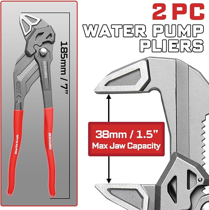 GEINXURN 7-Inch Pliers Wrench, 2PCS Smooth V-Jaw Pliers with 15-Position Push-Lock, Fast Adjustable Slip Joint Pliers Set for Plumbing, Home Repair, and Pipe Fittings