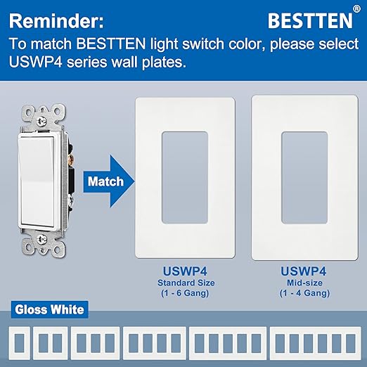 BESTTEN 40 Pack Single-Pole Light Switch, 15A 120/277V, Paddle Wall Switch, On/Off Rocker Interrupter, UL Listed, White
