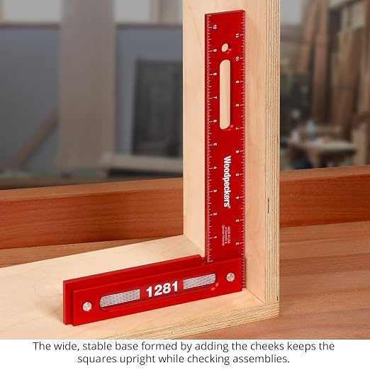 Woodpeckers Precision Woodworking Square, 12 Inch, Aluminum, USA Made, Feature Packed Square, Self Standing, Shoulder Lip, Laser Engraved Scales
