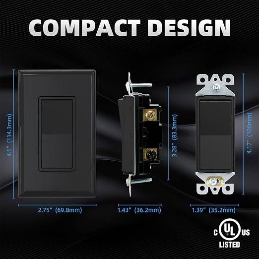 ELEGRP 3 Way Decorator Light Switch, 15Amp, 120-277 Volt, AC Rocker Paddle Wall Switch Replacement, Self-Grounding, Residential Grade, Screwless Wall Plate, UL Listed (10 Pack, Glossy Black)