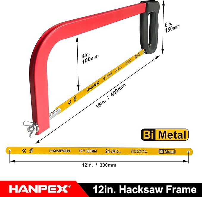 Hanpex 12in. High-Tension Hacksaw Frame with 24 TPI Bi-metal Blade, Hand Saw Suitable for Metal, wood, PVC, Carpentry（Black Handle）