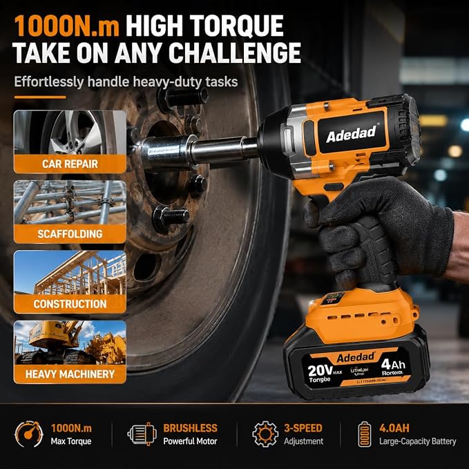 740 Ft-lbs Cordless 1/2" Brushless Impact Wrench with 4.0Ah Battery | Sockets, Storage Case and Charger Include High Torque 1000N.m Impact Gun for Automotive and Heavy Duty Use