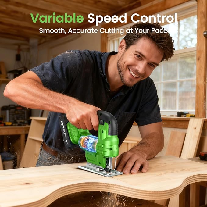 TaskStar Jig Saw - Cordless Jigsaw Saw with Batteries and Charger | Jigsaw Tool wtih 9 Blades for Wood, Metal, PVC, ±45° Bevel Cutting, 4 Orbital Actions, LED, Safety Lock, Storage Bag