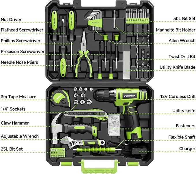 PULITUO Drill Set, 149-Piece Home Tool Set with 12V Green Cordless Drill, ToolBox, Hand Tool Kits for Women Men, DIY Enthusiasts for Home Improvement.