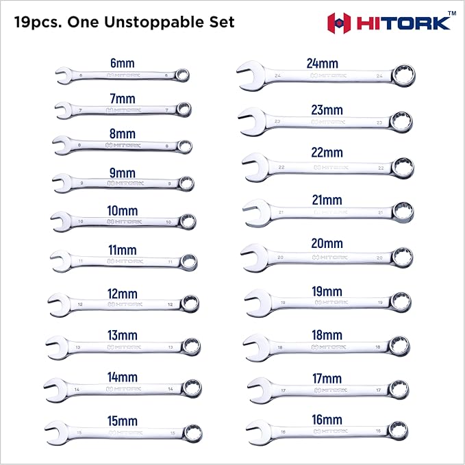 HITORK 19 Piece Metric Combination Wrench Set, 6-24 mm, CR-V, Storage Pouch | Mirror chrome finish, 15° Offset box ends and organized roll up storage improve access, control automotive repair work