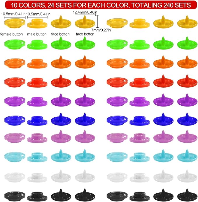 NXTOV 960pcs Plastic Snaps Kit, T5 Size No-Sew Buttons with 10 Colors (24 Sets per Color) – 240 Sets Total, Snap Fasteners for DIY Crafts, Clothing Repair & Fabric Projects (Tools Not Included)