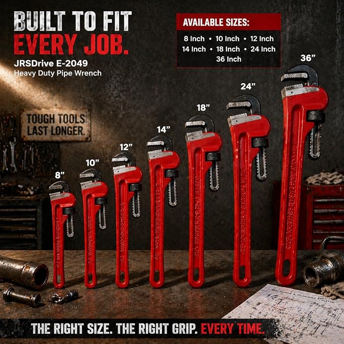 Heavy Duty Pipe Wrench, 18 Inch Adjustable Straight Plumbing Wrench, Hardened Steel Jaws with Professional Cast Iron Handle for Industrial, Construction, and Home Maintenance E-2049