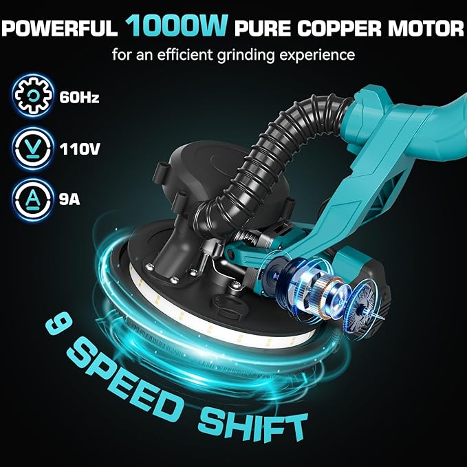 Drywall Sander with Vacuum Dust Collector, 1000W Popcorn Ceiling Removal Tool, Electric Drywall Sander with Digital Display Screen 9 Variable Speed 800-2100RPM, Foldable & Extendable Handle