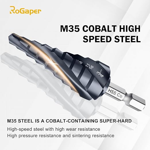 M35 Four Spiral Flute Cobalt Step Drill Bit Set 1/8"-7/8", Industrial Grade Wear-Resistant TiAlN Coated 1/4" Hex Shank Step Bit for Metal, Stainless Steel, Aluminum, Wood, Plastic (3pcs)