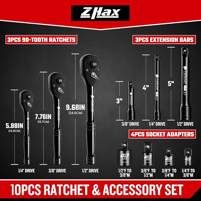 zhax 10-Piece Ratchet Set, 1/4”, 3/8”, 1/2” Drive 90-Tooth Ratchets & Accessories, Quick Release Reversible Ratchet Wrenches with Extension Bars & Socket Adapters for Repairing Home DIY