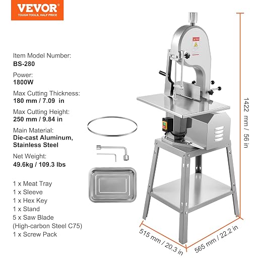 VEVOR Electric Meat Saw, 1800W Stainless Vertical Cutter, 19.1"x15" Workbench, 7.09" Cutting Thickness, Includes 5 Blades for Slicing Frozen Meat, Pork, Beef, and Ribs