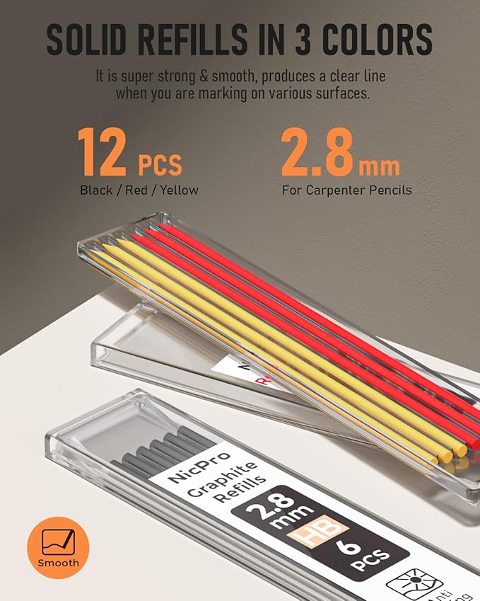 Nicpro 1 Pack Carpenter Pencil with Sharpener, 2.8 mm Mechanical Pencils with 13 Refills, Deep Hole Marker for Construction, Heavy Duty Woodworking Pencil, Carpenter Tools for Architect Marking