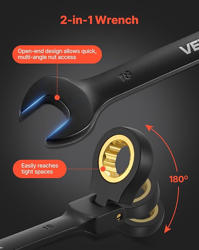 VEVOR 24-piece Ratcheting Wrench Set with 180° Flex Head, Anti-Slip Tooth, Combination Wrench Sets with Organizer Box, Metric 8-19mm & SAE 1/4-3/4", Black Electrophoretic Coating