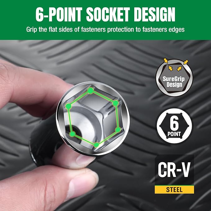 SK 1/2" Drive Socket Set, Deep SAE Sockets, 11-Piece 7/16" to 1-1/16" | SuperKrome Finish, Premium CR-V Steel, with Aluminum Socket Organizer