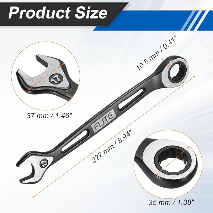 HARFINGTON Ratcheting Combination Wrench 17mm Stubby Wrench Metric High Carbon Steel Double 12-Point Box Open-Ended Ratchet Spanner Tool for Household Garage Workshop Auto Repairs, Black