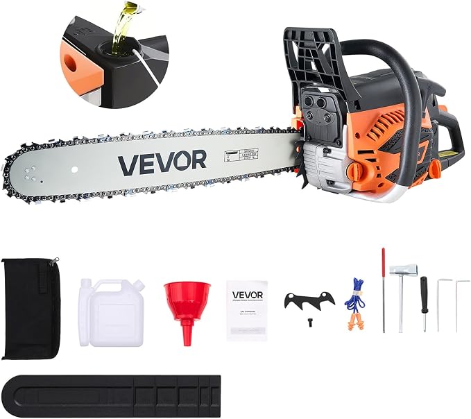 VEVOR 20inch 62CC Gas Powered Chainsaw, 3.8 HP 2 Stroke Engine Gas Power Chainsaws with Non-Slip Handle, Gas Chainsaws with Dual Fuel Tanks, For Wood Cutting, Tree Trimming, and Land Clearing | Power Chain Saw for Logging with Non-Slip Handle, Dual Fue...
