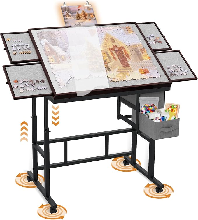Doerpuz Jigsaw Puzzle Table with Drawers × 6,1500pcs Adjustable Height and Five up Angles Puzzle Tables for Adults with Drawers,Cover,Wheels for Indoor Game in Winter