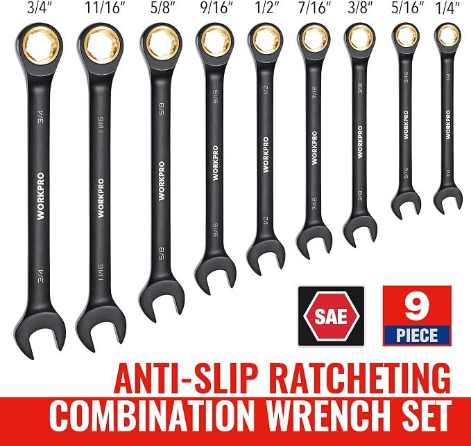 WORKPRO 9-Piece Anti-Slip Ratcheting Combination Wrench Set, SAE 1/4"-3/4" | 72-Teeth, Black Cr-V Wrenches Set with Roll Up Pouch, Anti-slip Wrenches for Automotive, Garage and Home Repairs