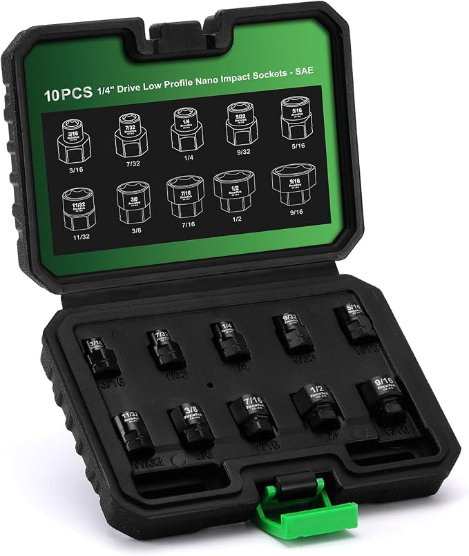 TecoTek 10-Piece 1/4-Inch Drive SAE Low Profile Impact Socket Set, Stubby Socket Set, 3/16" to 9/16", 6 Point, Cr-Mo, Shorter Socket for Tight Areas