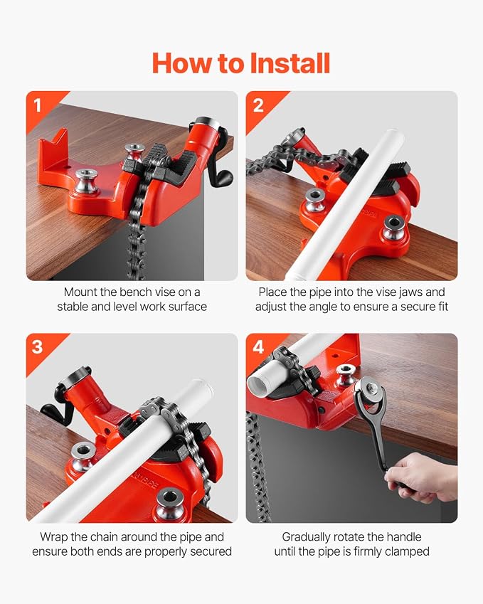 VEVOR Heavy-Duty Pipe Chain Vise, 1/4" - 6" Pipe Capacity, 28" Rugged Chain & Cast Iron Base, Industrial-Grade Pipe Clamping for Plumbing, Automotive Repairs, Metalworking