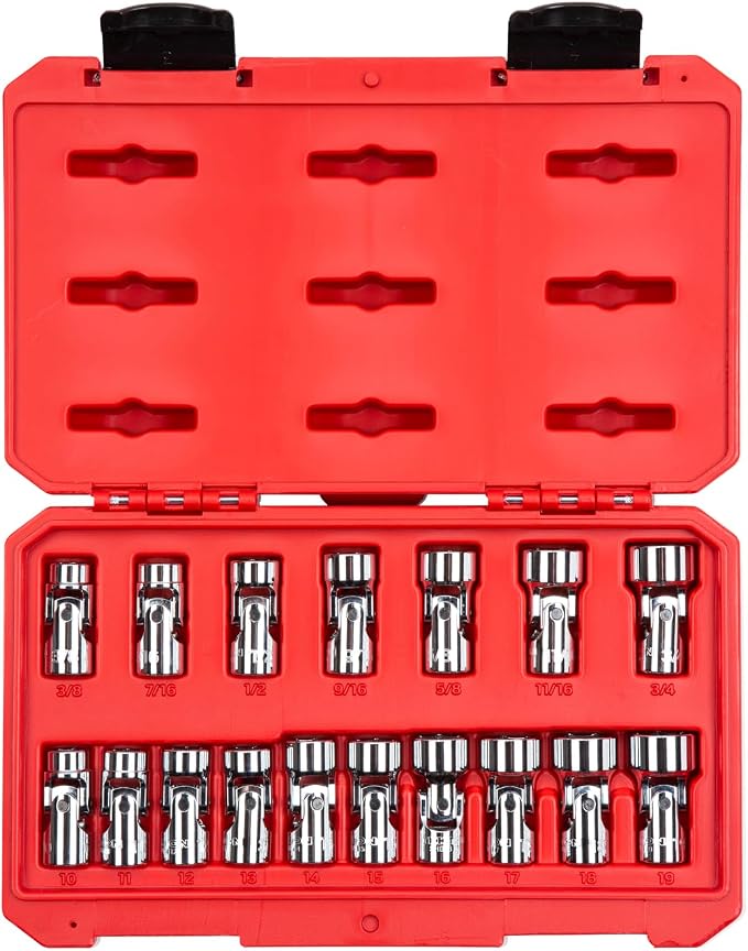 TEKTON 3/8 Inch Drive Universal Joint Socket Set, 17-Piece | SHD91301 | (3/8 - 3/4 in., 10 - 19 mm), Shallow, 6-Point, Case