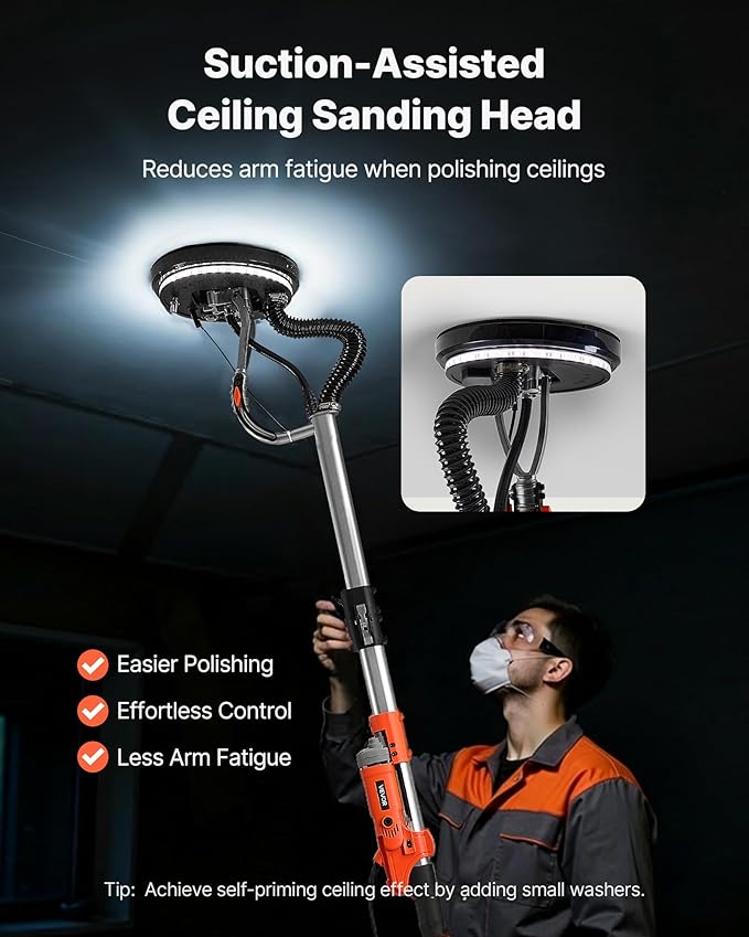 VEVOR Drywall Sander, 1010W Electric Drywall Sander, Popcorn Ceiling Removal Tool with 7 Variable Speed 1000-2200 RPM, Double-Deck LED Light, Foldable & Extendable Handle, 15 Sanding Discs, Dust Hose