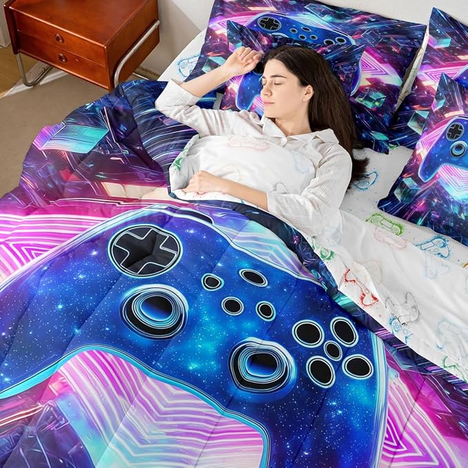 Erosebridal Galaxy Gaming Comforter Set 7 Piece Bed in a Bag Twin | 3D Cube Gamer Bedding Sets Diamond Neon Lights Comforter and Sheet Set, Modern Game Consoles Bed Sets