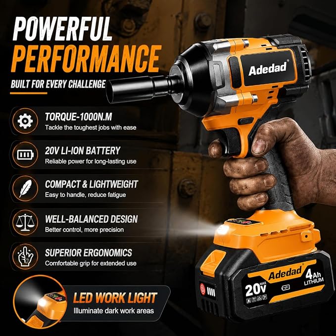 740 Ft-lbs Cordless 1/2" Brushless Impact Wrench with 4.0Ah Battery | Sockets, Storage Case and Charger Include High Torque 1000N.m Impact Gun for Automotive and Heavy Duty Use