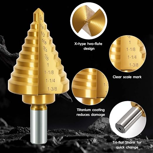 Titanium Step Drill Bit - 4241 HSS Step Bit with Two Straight Grooved, 1/4" to 1-3/8" Step Bit for Metal, 10 Sizes HSS Step Drill Unibit for Metal, Aluminum, Wood & Plastic