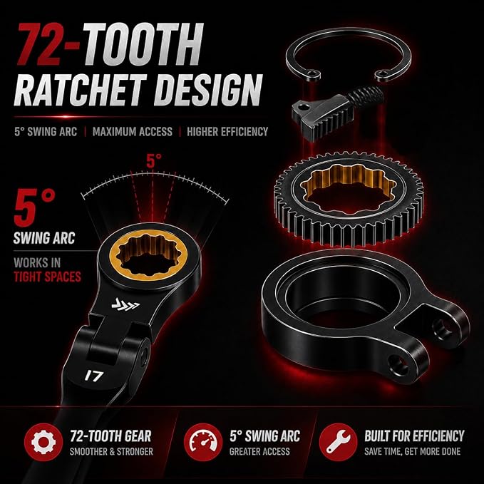 16PCS Stubby Flex Head Ratcheting Wrench Set, SAE & Metric Combination Wrenches, 72-Tooth Short Handle Ratchet Spanner Set for Tight Spaces, Auto Repair & Garage Maintenance, 8-17mm & 5/16"-3/4"
