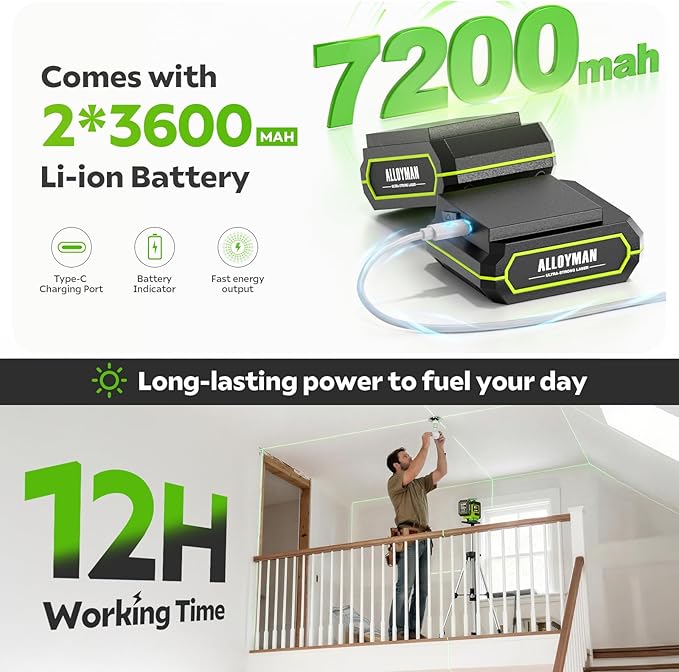 Alloyman Laser Level with Tripod, 4 × 360° Self Leveling Laser Level, Nivel Laser Green Line Lazer Leveler Tool for Picture Hanging, Home Renovation, Indoor Project, 2*Battery&Carrying Bag Included