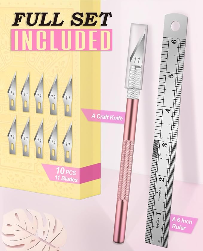 DIYSELF 1 Pcs Craft Hobby Knife Exacto Knife with 11 Pcs Stainless Steel Blade Kit, 1pcs Steel 15CM Ruler for Art, Scrapbooking, Stencil (Pink)