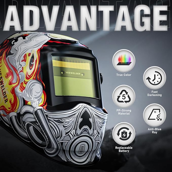 YESWELDER Auto Darkening Welding Helmet, Blue Light Blocking, 1/1/1/1 True Color Solar Powered Welding Hood with 2 Arc Sensors, Wide Shade 3.5/9-13 Welder Mask for TIG MIG ARC and Grind
