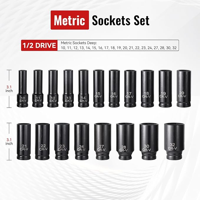 Reniteco 25-Piece 1/2" Drive Socket Set, Metric 10mm-32mm, 6-Point, Cr-V | Deep Sockets, Extension Bars, 1/2"F-3/8"M & 3/8"F-1/2"M Reducers, Universal Joint, Ideal for Heavy-Duty Repairs