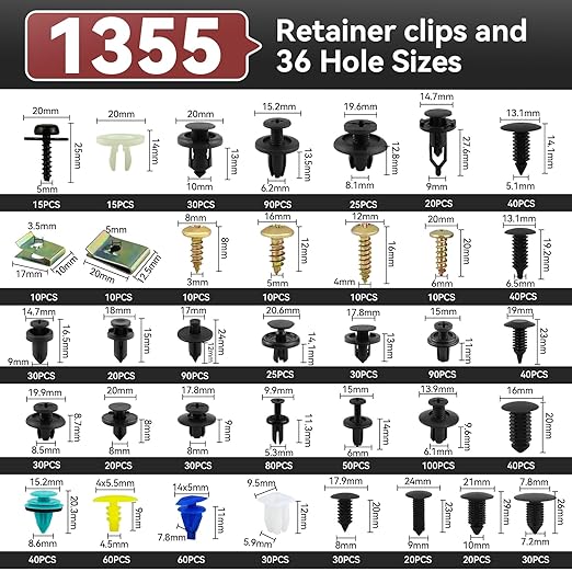 1355Pcs Car Body Retainer Clips Set - 3-Layer Storage Box with Metal Screws & U-Nuts. Universal Auto Push Pin Rivets + 5 Blue Trim Removal Tools for Bumper Fender (1355Pcs)