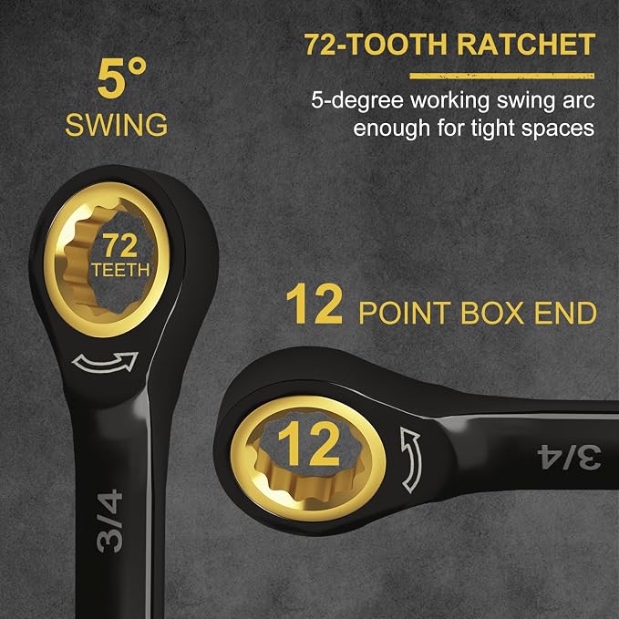 Egofine 1/4 Ratchet Wrench, 1/4 Wrench Ratcheting Combination Wrenches SAE, Industrial Grade Gear Spanner with 12 Point Box End, 72-Teeth Ratchet Black Electrophoretic Coating,CR-V