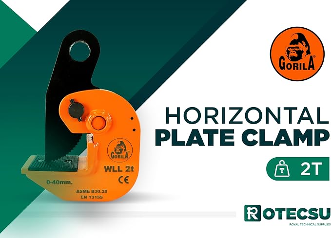 GORILA horizontal plate clamp | 4400lbs / 2 ton | Jaw opening 1.6 inch / 40mm | Industrial and heavy duty Steel plate clamp for lifting and transporting | Safety factor 4:1 | Since 1989