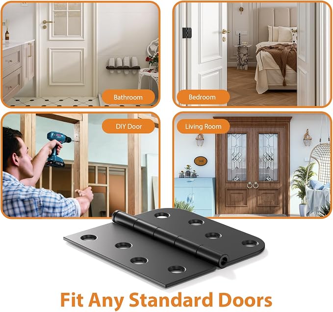 18 Pack Matte Black 4 Inch Door Hinges, Heavy Duty Residential Hinges for Front & Back Doors, Square & 5/8" Radius Corners, Quiet No Squeak, Removable Pin Exterior Hinges