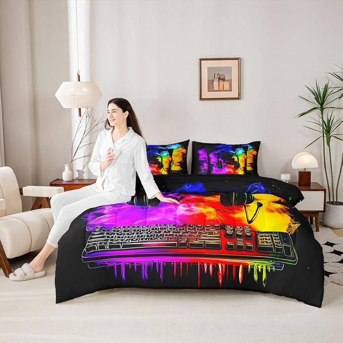 Erosebridal Gaming Keyboard King Size Comforter Set with Sheets | Gaming Headphones 7-Piece Bedding Set Watercolor Smoke Fire Bed in a Bag, Gamer Headset Bed Sets