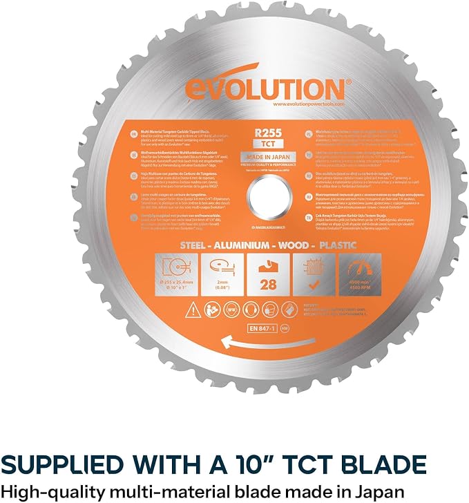 Evolution R10TBLX 10" Jobsite Table Saw with Wheeled Stand | Zero-Clearance Throat Plate | Dado Plate Included | 15A Motor | 26” Rip | 3-3/8” Cut | 0-45° Bevel | Precision Fence | Heavy Duty Portable