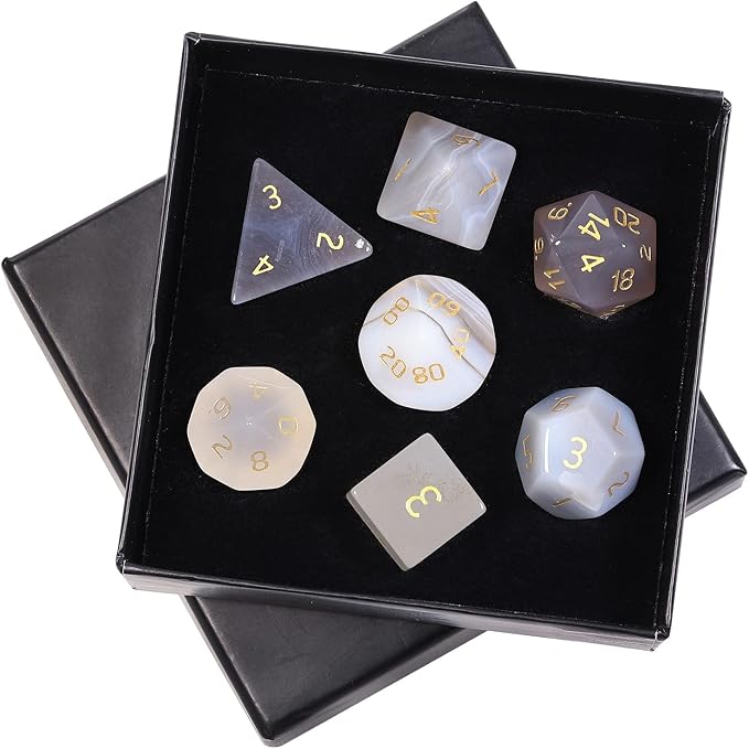 mookaitedecor 7 PCS Grey Agate Crystal Polyhedral DND Dice Set, Polished Tumbled Stones Dices for RPG MTG Table Games Home Decoration