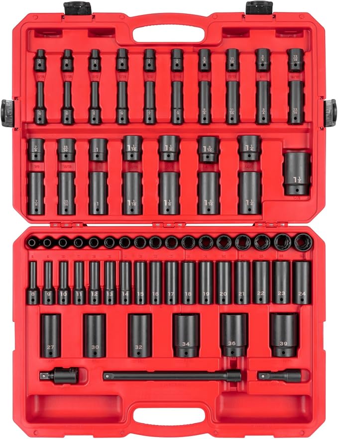 TEKTON 1/2 Inch Drive Impact Socket Set, 78-Piece | SID92408 | (5/16 - 1-1/2 in., 8 - 39 mm), Shallow and Deep, 12-Point, Case