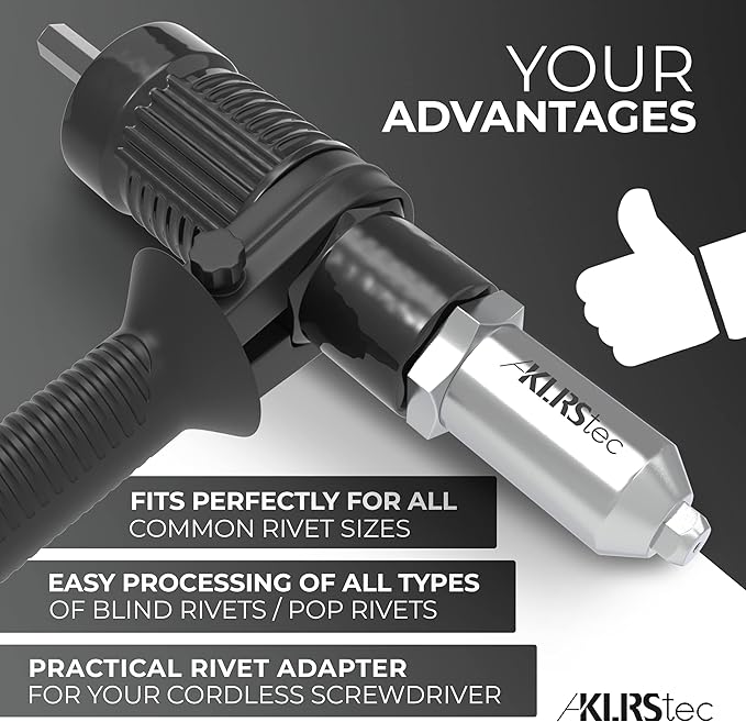 KLRStec Professional Rivet Gun Adapter - Rivet Attachment for Cordless Screwdrivers and Drills - Easy processing for Pop Rivets