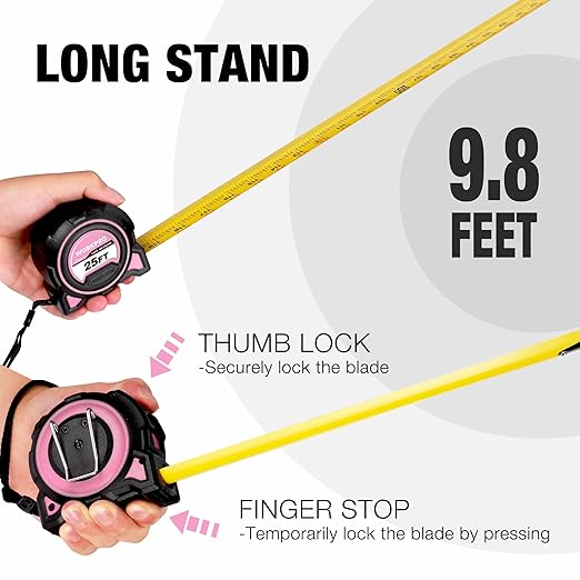 WORKPRO Pink Heavy Duty Tape Measure, 25FT Retractable Tape Measurement, Double Retract Long Stand Measuring Tape Accuracy 1/32 for Engineer, with Magnetic Hook, Belt Clip, Rubber Protective Casing