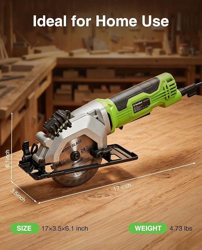 TaskStar Mini Circular Saw with Laser Guide: 4.8A 4000RPM Compact Corded Power Cutter, 4-1/2 in Electric Hand Tool with Rip Fence, 3 Blades for Wood, Soft Metal, Tile, Plastic Cutting