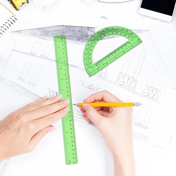 Zonon 2 Pack 12'' Plastic Ruler and 6'' Plastic Protractor Set Clear Ruler Protractor Set Math Geometry Supplies for School Classroom Home Office Drawing(Green)