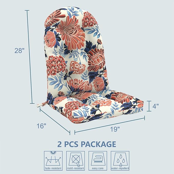 LVTXIII 2 Pack Outdoor Adirondack Chair Cushions, 44x19x4 Inch Water Repellent Patio Cushions for Rocking Chairs, Thick Tufted High Back Seat Cushion Set, Vibrant Blossom